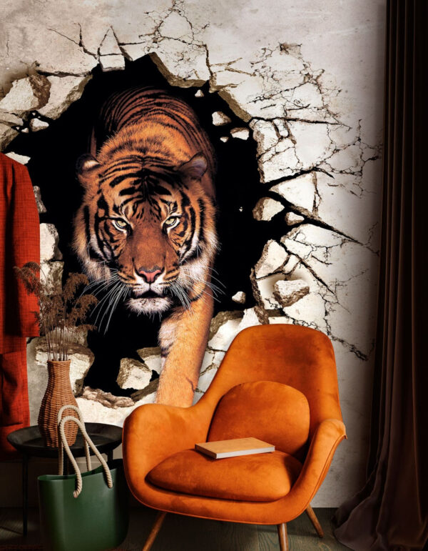 Tiger vychádzajúci cez prasknutú stenu Fototapety Tiger vychádzajúci cez prasknutú stenu