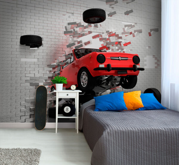 Auto narazí do tehlovej steny Fototapety Auto narazí do tehlovej steny