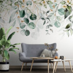 Fototapety Botanická akvarelová zeleň s kvetmi.