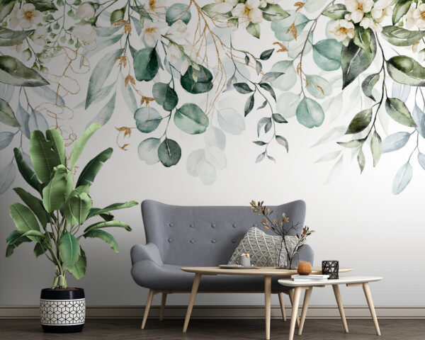 Botanická akvarelová zeleň s kvetmi Fototapety Botanická akvarelová zeleň s kvetmi