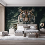 Fototapety Tiger ukrytý medzi listami džungle.