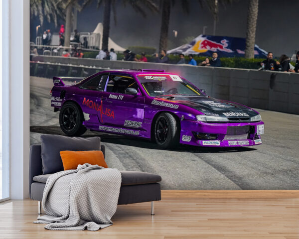 Fialové auto driftuje na trati Fototapety Fialové auto driftuje na trati