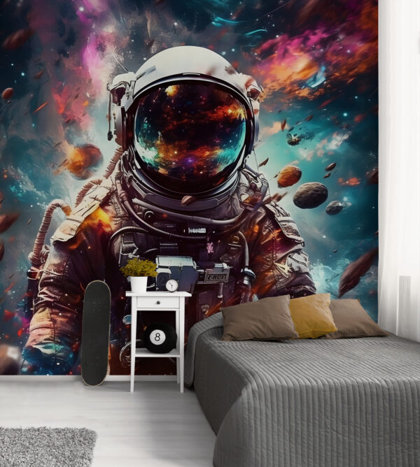 Astronaut sa vznáša uprostred vesmírnych trosiek Fototapety Astronaut sa vznáša uprostred vesmírnych trosiek
