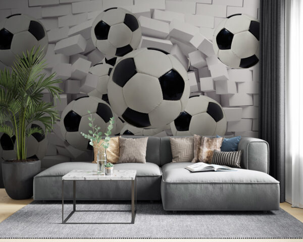 Futbalové lopty prerážajúce stenu Fototapety Futbalové lopty prerážajúce stenu
