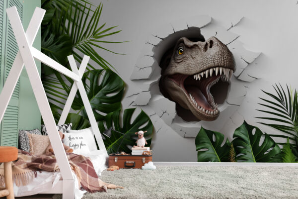 Dinosaurus sa vynorí cez prasknutú stenu Fototapety Dinosaurus sa vynorí cez prasknutú stenu
