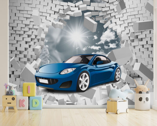 Fototapety Modré auto prerazí tehlovú stenu (Katalógové číslo: u93975) Fototapety Fototapety Modré auto prerazí tehlovú stenu (Katalógové číslo: u93975)