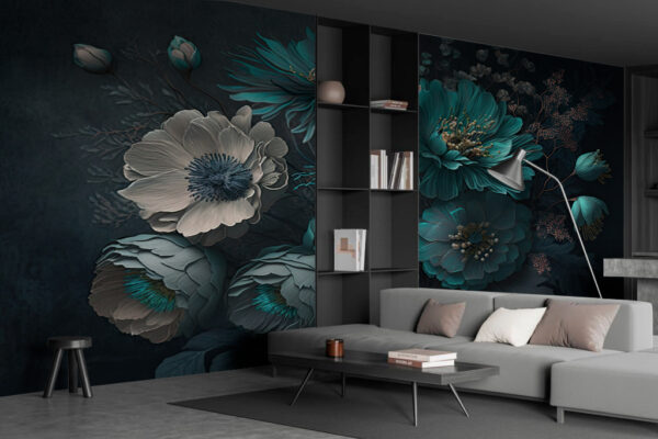 Kvetinová elegancia v upokojujúcich teal odtieňoch Fototapety Kvetinová elegancia v upokojujúcich teal odtieňoch