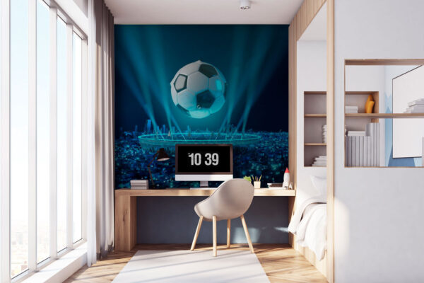 Plávajúca futbalová lopta nad osvetleným mestom Fototapety Plávajúca futbalová lopta nad osvetleným mestom
