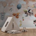 Fototapety Kreslené zvieratá lietajúce s balónmi