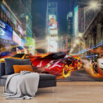Fototapety Červené športové auto v plameňoch