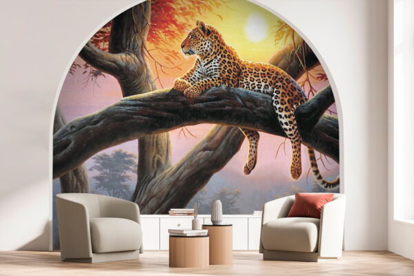Leopard ležiaci na strome pri západe slnka Fototapety Leopard ležiaci na strome pri západe slnka