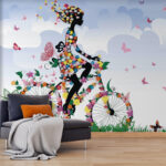 Fototapety Žena na bicykli s kvetmi