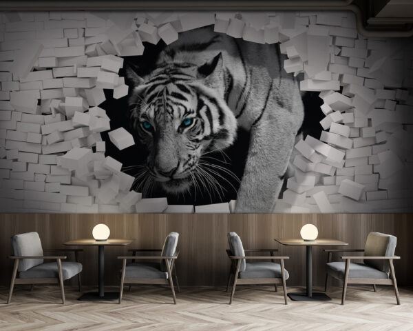 Tiger preráža bielu tehlovú stenu Fototapety Tiger preráža bielu tehlovú stenu