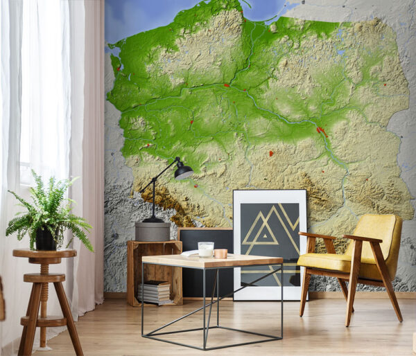 Mapa Poľska s pevninou a vodou Fototapety Mapa Poľska s pevninou a vodou