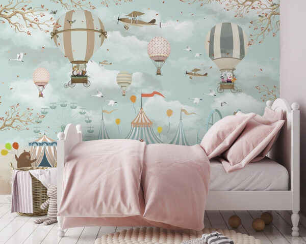 Fototapety Teplovzdušný balón s vtákmi letiacimi na oblohe