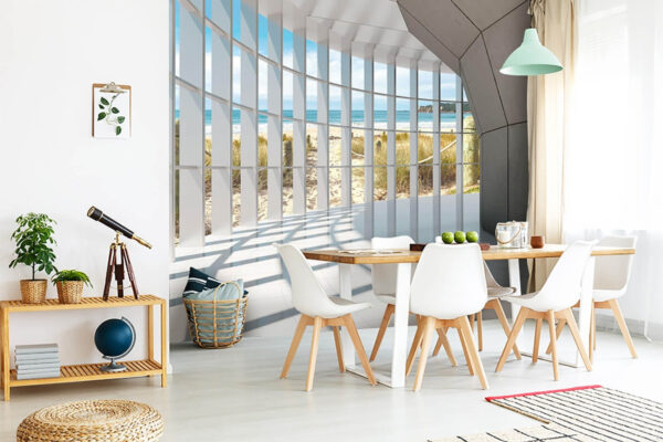 Fototapety Výhľad na slnečnú pláž cez geometrické okná