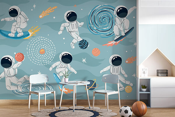 Karikatúra astronauta na surfe Fototapety Karikatúra astronauta na surfe