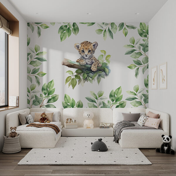 Akvarel leopardieho mláďaťa na konári stromu Fototapety Akvarel leopardieho mláďaťa na konári stromu
