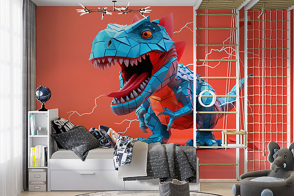 Modrý dinosaurus s vychádzajúcim bleskom Fototapety Modrý dinosaurus s vychádzajúcim bleskom