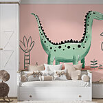 Fototapety Kreslený dinosaurus s rastlinami a listami