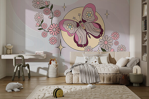 Fototapety Motýľ a kvety na bielom pozadí