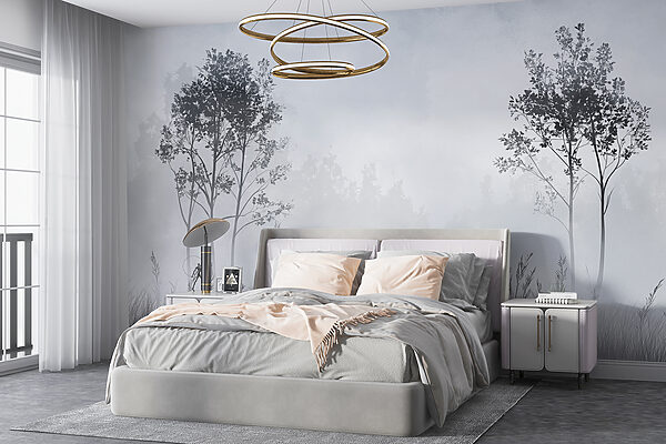 Fototapety Hmlistá krajina so stromami a trávou