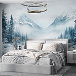 Fototapety Zasnežená krajina s jazerom a horami