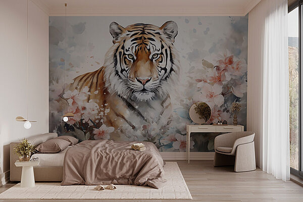 Tiger v rozkvitnutej záhrade Fototapety Tiger v rozkvitnutej záhrade