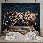 Fototapety Leopard stojaci na drevenej podlahe