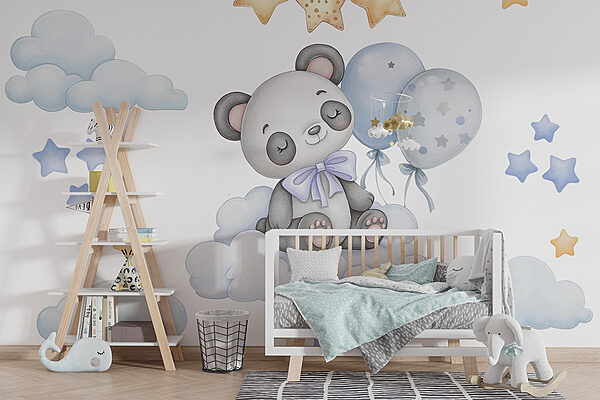 Kreslená panda sediaca na oblaku s balónmi Fototapety Kreslená panda sediaca na oblaku s balónmi
