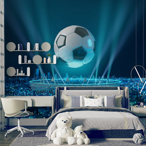 Plávajúca futbalová lopta nad osvetleným mestom Fototapety Plávajúca futbalová lopta nad osvetleným mestom
