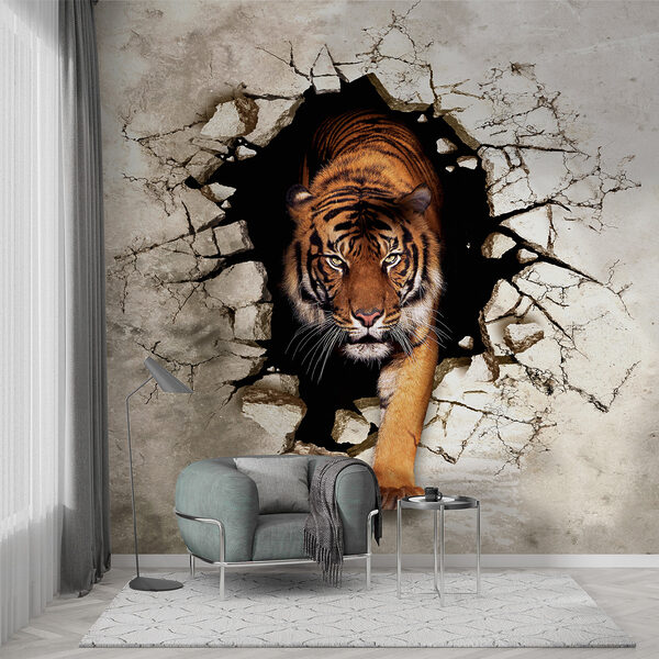Fototapety Tiger vychádzajúci cez prasknutú stenu