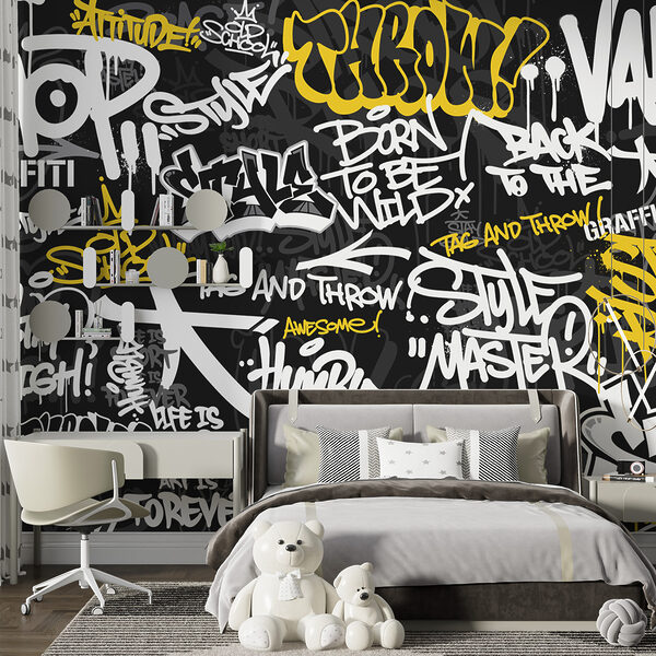 Fototapety Žlté graffiti na čiernom pozadí