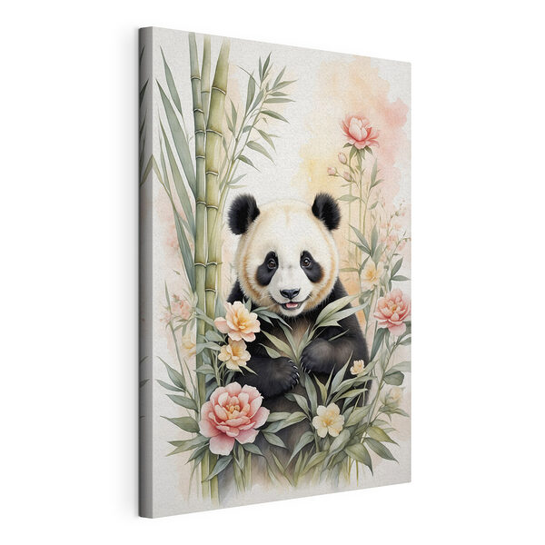 Obraz Medveď panda s kvetinami a bambusom