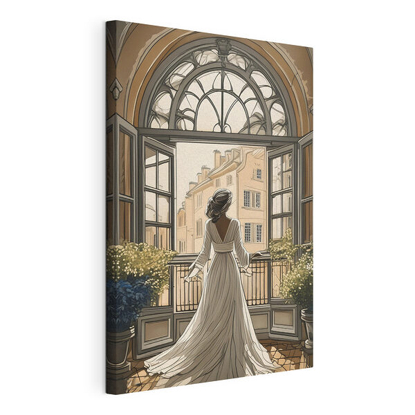 Obraz Canvas print Woman in a white dress looking out a window