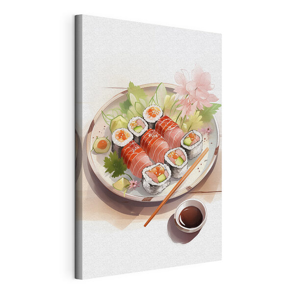Tanier so sushi s omáčkou a kvetinami Obraz Tanier so sushi s omáčkou a kvetinami