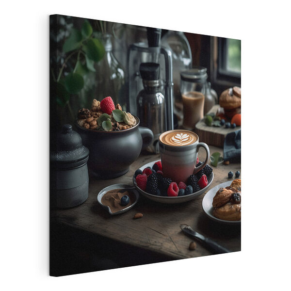 Šálka kávy s latte artom na tanieri s ovocím a cereáliami Obraz Šálka kávy s latte artom na tanieri s ovocím a cereáliami