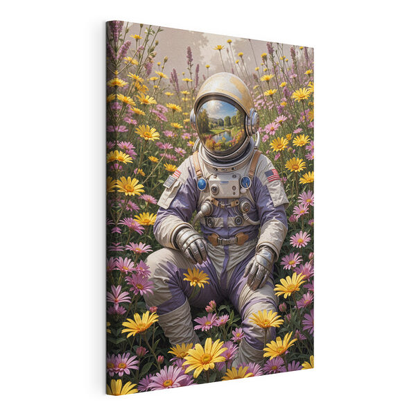 Obraz Astronaut sediaci v kvetinovej lúke