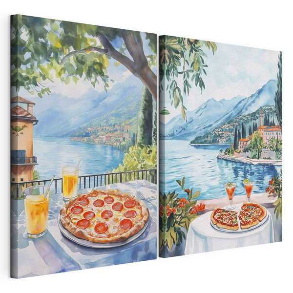 Modulárna tlač na plátno Akvarelová maľba stola s pizzami a nápojmi na ňom