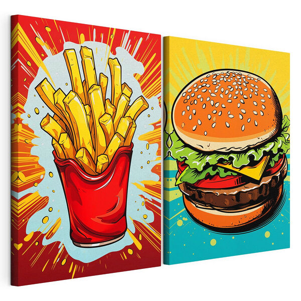 Modulárna tlač na plátno Burger a hranolky v červenej taške